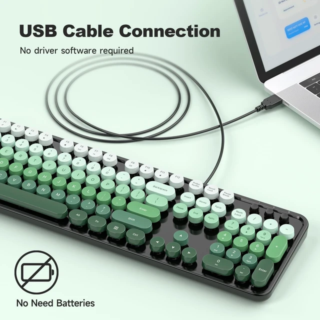 Alt view image 2 of 5 - Atelus Retro Typewriter Wired Keyboard, Full-Size USB Computer Keyboard with Numeric Keypad, Plug & Play for Windows PC Laptop Home Office (Black Green)
