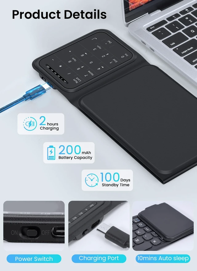 Alt view image 4 of 5 - Nsyee Foldable Bluetooth Keyboard, Folding Wireless Keyboard with Trackpad and Numeric Keypad, Portable Travel Keyboards for iPad Tablet Smartphone Laptop PC Windows iOS Android, Black