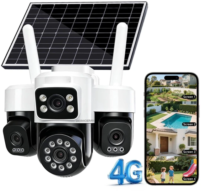 Main image of 4-Lens Solar Security Cameras Wireless Outdoor, 4G Cameras for Home Security,4 * 2MP FHD Resolution,PTZ 360 Pan & Tilt Surveillance,Two Way Audio,Color Night Vision,Auto Tracking,AI Motion Dete