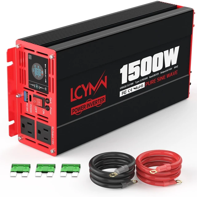Main image of 1500 Watt Pure Sine Wave Power Inverter DC 12V to AC 110/120V with Dual Outlets USB-C 30W USB-QC 18W Fast Car Charger Adapter LCD Display and Remote Control Converter for Off-Grid Home RV Solar System
