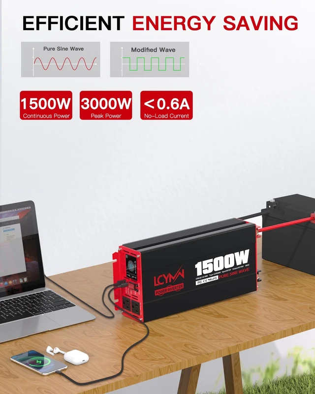 Alt view image 4 of 5 - 1500 Watt Pure Sine Wave Power Inverter DC 12V to AC 110/120V with Dual Outlets USB-C 30W USB-QC 18W Fast Car Charger Adapter LCD Display and Remote Control Converter for Off-Grid Home RV Solar System