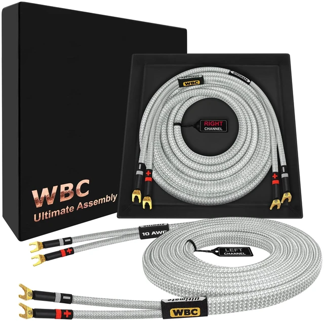 Main image of WORLDS BEST CABLES 4 Foot Ultimate - 10 AWG - Ultra-Pure OFC - Premium Audiophile HiFi Speaker Cable Pair with Eminence Spade Plugs & Silver Tweed Jacket