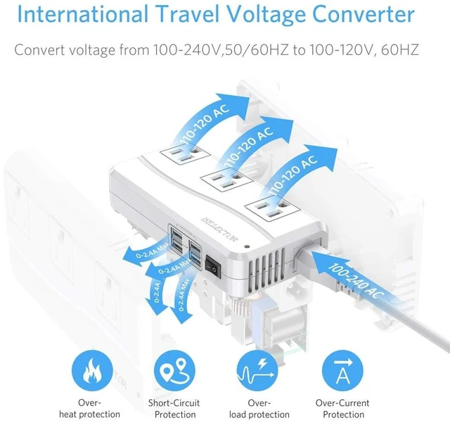 Alt view image 3 of 5 - Voltage Converter 220V to 110V,Travel Converter Suitable for UK/AU/US/EU