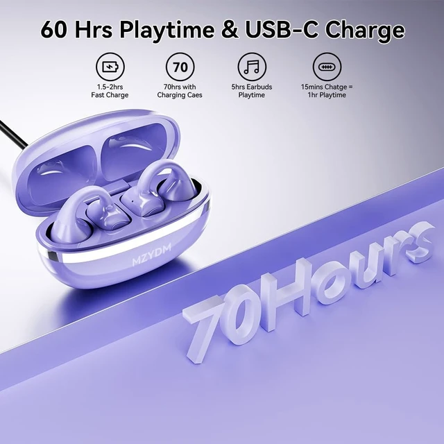 Alt view image 4 of 5 - MZYDM Open Ear Earbuds, Bluetooth 5.4 Clip On Headphones,for Small Ears (Violet)