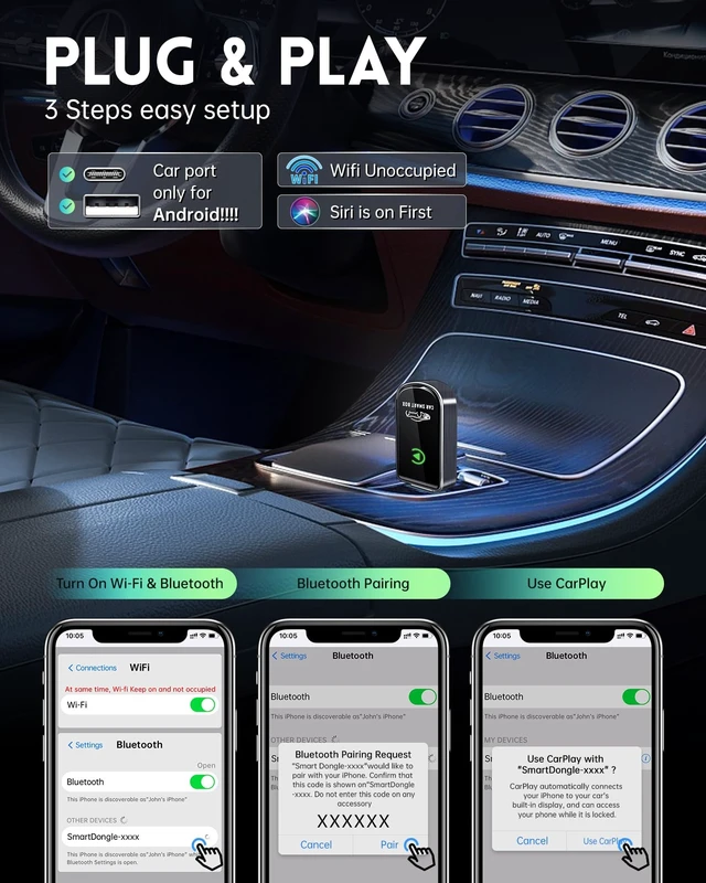Alt view image 3 of 5 - Amzfeel Wireless Carplay Adapter for iPhone, Mini Bluetooth Dongle Convert Factory Wired to Wireless Apple Car Play Plug & Play, Low Latency, Trucking GPS for iOS 10+ & Cars 2015+(Brushe