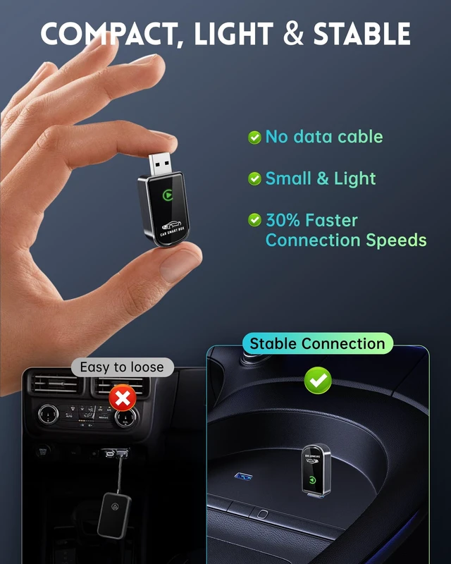 Alt view image 2 of 5 - Amzfeel Wireless Carplay Adapter for iPhone, Mini Bluetooth Dongle Convert Factory Wired to Wireless Apple Car Play Plug & Play, Low Latency, Trucking GPS for iOS 10+ & Cars 2015+(Brushe