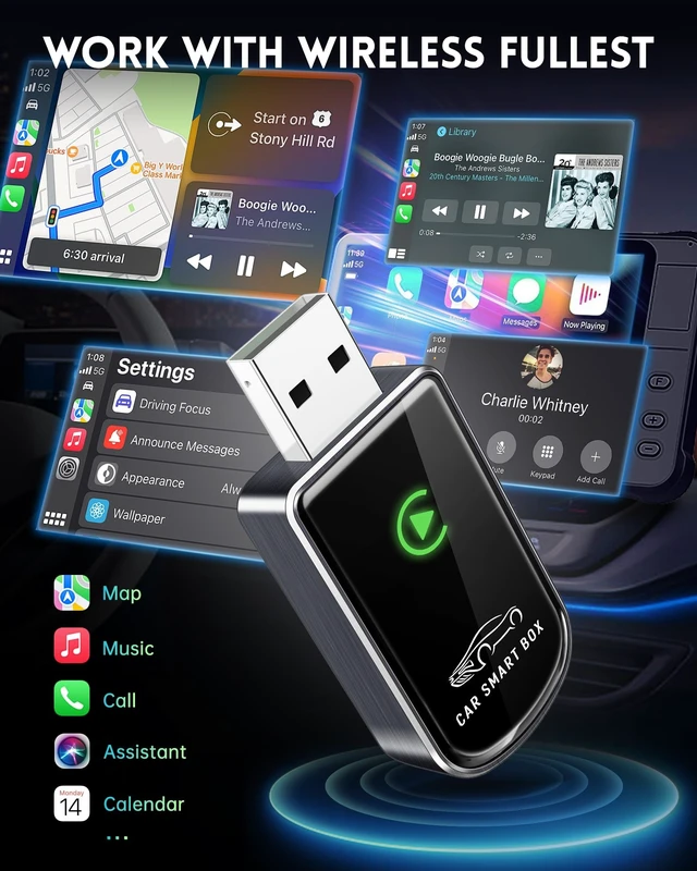 Alt view image 5 of 5 - Amzfeel Wireless Carplay Adapter for iPhone, Mini Bluetooth Dongle Convert Factory Wired to Wireless Apple Car Play Plug & Play, Low Latency, Trucking GPS for iOS 10+ & Cars 2015+(Brushe