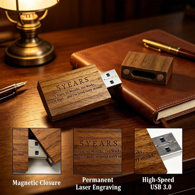 Alt view image 2 of 5 - Wood USB Flash Drive 32GB USB3.0 with Gift Box for 5 Year Anniversary