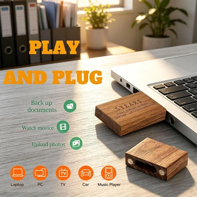 Alt view image 4 of 5 - Wood USB Flash Drive 32GB USB3.0 with Gift Box for 5 Year Anniversary
