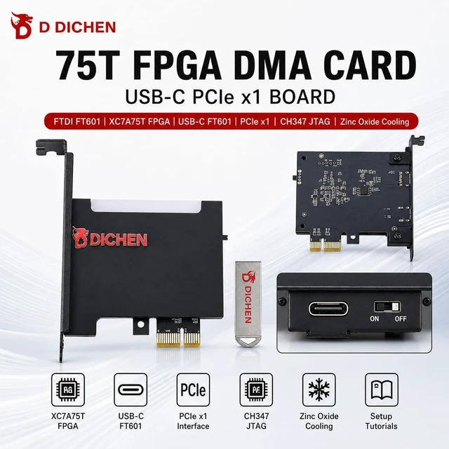 Alt view image 2 of 5 - D DICHEN D DICHEN 75T FPGA DMA Card, USB-C PCIe x1 Board, XC7A75T Artix-7, FTDI FT601, ZnO Heat Dissipation, USB Installation