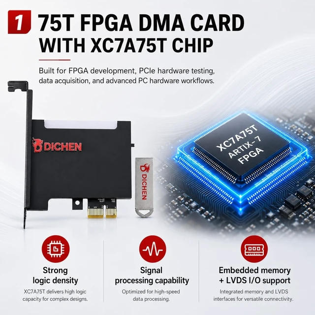 Alt view image 3 of 5 - D DICHEN D DICHEN 75T FPGA DMA Card, USB-C PCIe x1 Board, XC7A75T Artix-7, FTDI FT601, ZnO Heat Dissipation, USB Installation