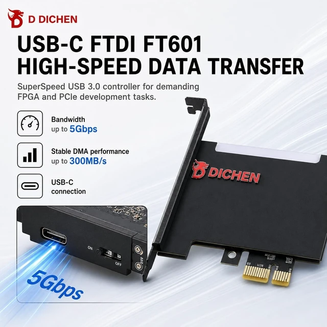 Alt view image 5 of 5 - D DICHEN D DICHEN 75T FPGA DMA Card, USB-C PCIe x1 Board, XC7A75T Artix-7, FTDI FT601, ZnO Heat Dissipation, USB Installation