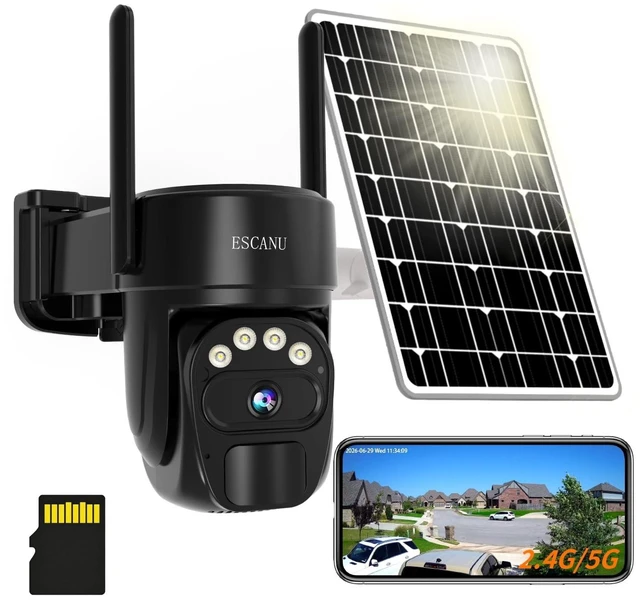 Main image of ESCANU Security Cameras Wirelss Outdoor Solar Powered for Home Security,360 View Outside Camera with SD Card, 5G/2.4GHz WiFi,Motion Detection,IP-65 Weather Proof,No Subscription Fee