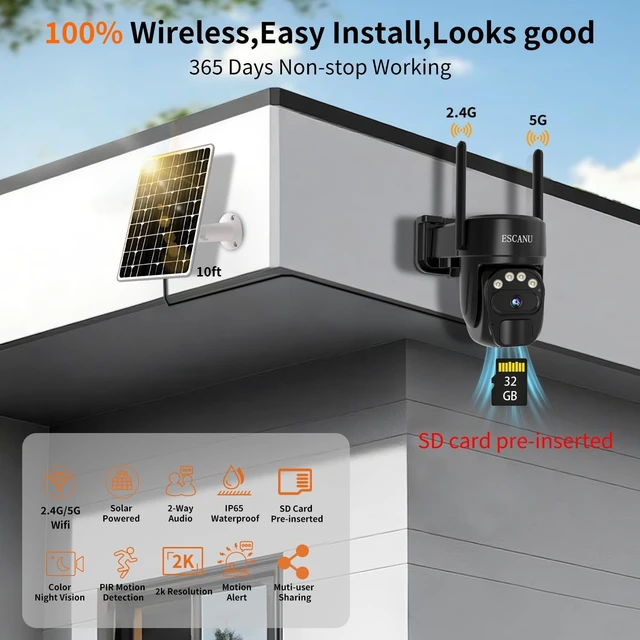 Alt view image 2 of 5 - ESCANU Security Cameras Wirelss Outdoor Solar Powered for Home Security,360 View Outside Camera with SD Card, 5G/2.4GHz WiFi,Motion Detection,IP-65 Weather Proof,No Subscription Fee
