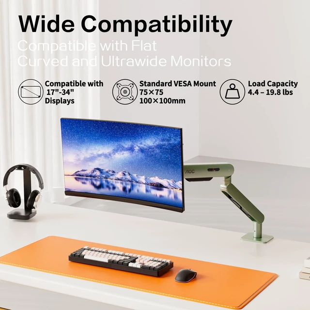 Alt view image 2 of 5 - AOC AM400PLUS Premium Aluminum Single Monitor Arm, Mechanical Spring, 1734 Inch, 4.419.8 lbs, VESA 75x75/100x100, C-Clamp, Quick Install Desk Mount with Cable Management (Green)