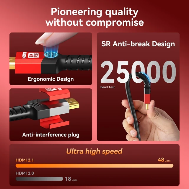 Alt view image 4 of 5 - Adrenenjoyer Fiber Optic HDMI 2.1 Cable 150FT,48Gbps Ultra High Speed Braided Uni-Directional Cord-8K@60Hz 4K@120Hz/144Hz HDCP 2.2&2.3 eARC DTS:X HDR10 VRR Compatible for RTX 5090/PS5/Xbox X/S/TV etc