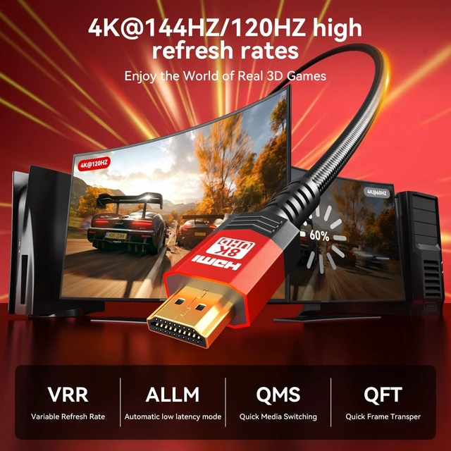 Alt view image 5 of 5 - Adrenenjoyer Fiber Optic HDMI 2.1 Cable 150FT,48Gbps Ultra High Speed Braided Uni-Directional Cord-8K@60Hz 4K@120Hz/144Hz HDCP 2.2&2.3 eARC DTS:X HDR10 VRR Compatible for RTX 5090/PS5/Xbox X/S/TV etc