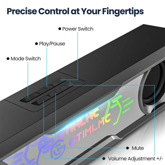 Alt view image 4 of 5 - GTIMLMC Computer Speakers with Mirror Design, RGB LED Light, Type C-USB Input, Easy-Control Volume, Wired PC Speakers Soundbar for Desktop Laptop Monitor