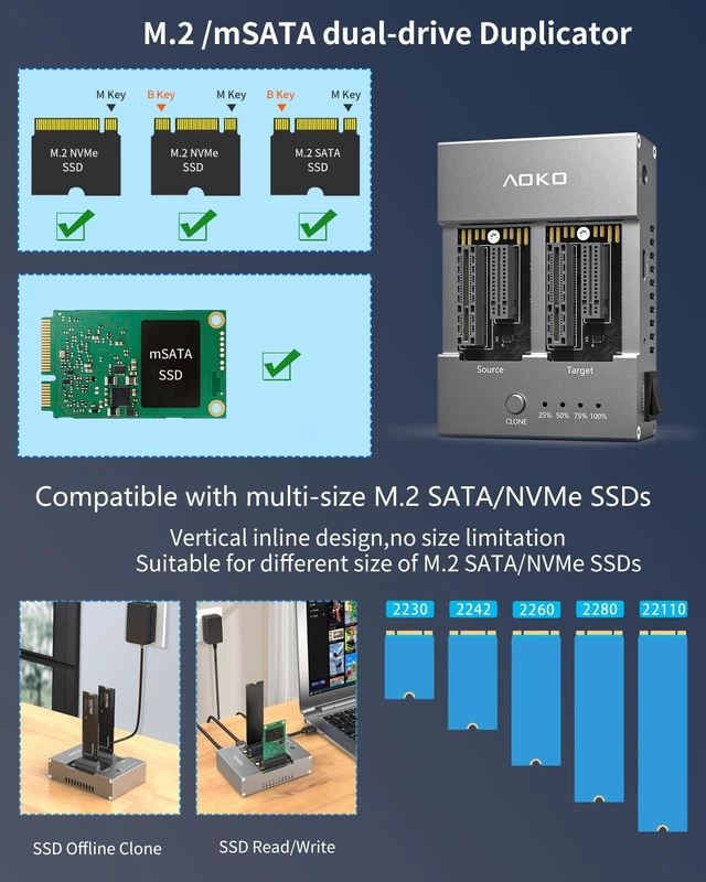 Alt view image 4 of 5 - AOKO M.2 NVMe mSATA SSD Cloner Reader, M.2/mSATA to USB Docking Enclosure