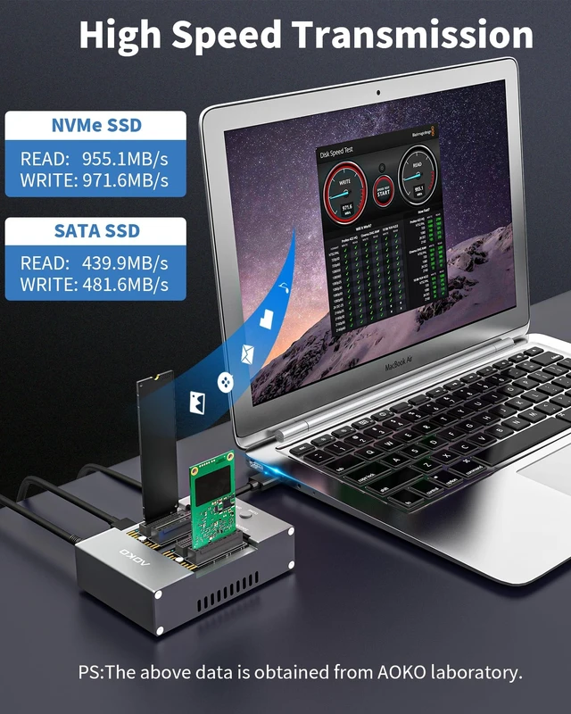 Alt view image 5 of 5 - AOKO M.2 NVMe mSATA SSD Cloner Reader, M.2/mSATA to USB Docking Enclosure