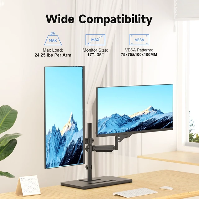Alt view image 2 of 5 - Suptek Freestanding Dual Monitor Stand for 2 Screens up to 35 Inches, Height Adjustable Monitor Arms Hold 24.25 lbs Each, Full Motion Dual Monitor Mount with Large Stable Base, VESA 75/100