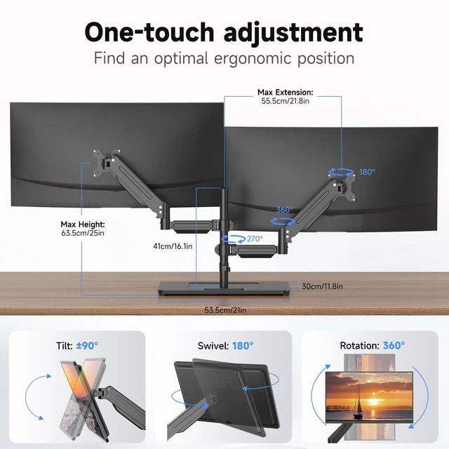 Alt view image 3 of 5 - Suptek Freestanding Dual Monitor Stand for 2 Screens up to 35 Inches, Height Adjustable Monitor Arms Hold 24.25 lbs Each, Full Motion Dual Monitor Mount with Large Stable Base, VESA 75/100