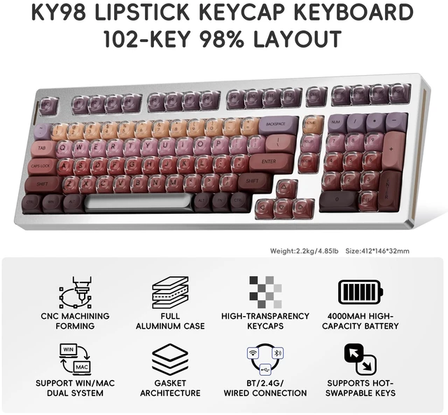 Alt view image 2 of 5 - KY98 Full Aluminum CNC Mechanical Keyboard with Lipstick Keycap , Silver