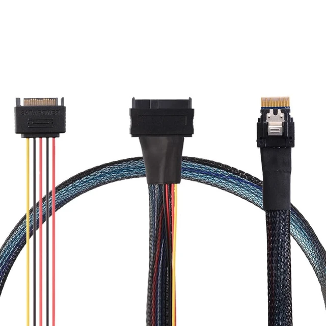Alt view image 2 of 5 - AoQhir Mini Slimline SAS SFF-8654 4i 38P to U.2 SAS 8639 Server-Grade Cable with SATA 15P Male Cable 24G, 32AWG High-Speed (31.49, Inches)