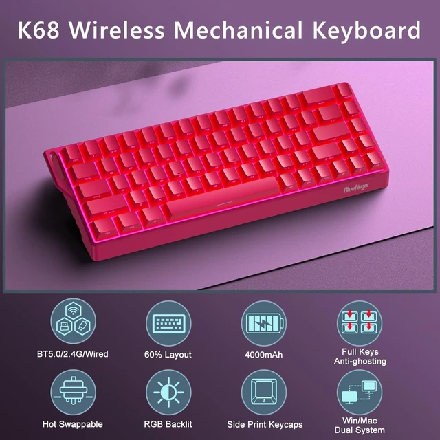 Alt view image 2 of 5 - BlueFinger 60% Wireless Mechanical Gaming Keyboard, Bluetooth/2.4GHz/USB-C Hot Swappable RGB Backlit Keyboard with Side-Printed PBT Keycaps, 60 Percent Compact Keyboard for Mac PC PS5 Xbox, Pin