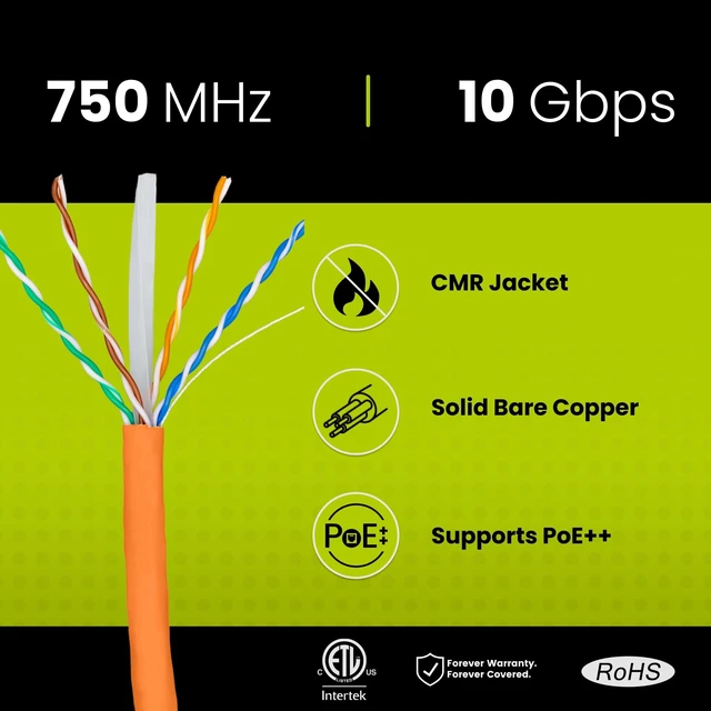 Alt view image 2 of 5 - TRUE CABLE Cat6A Riser (CMR), Bulk Ethernet Cable, 1000ft, Orange, 23AWG Solid Bare Copper, Unshielded Twisted Pair (U/UTP), 750MHz, PoE++ 100W, ETL Listed