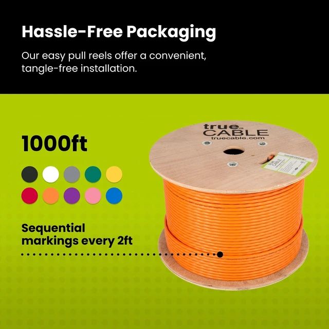 Alt view image 5 of 5 - TRUE CABLE Cat6A Riser (CMR), Bulk Ethernet Cable, 1000ft, Orange, 23AWG Solid Bare Copper, Unshielded Twisted Pair (U/UTP), 750MHz, PoE++ 100W, ETL Listed