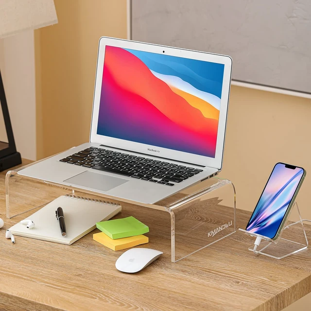 Alt view image 2 of 5 - 16"x8"x4" Acrylic Monitor Stand, Clear Laptop Riser with Bonus Phone Stand