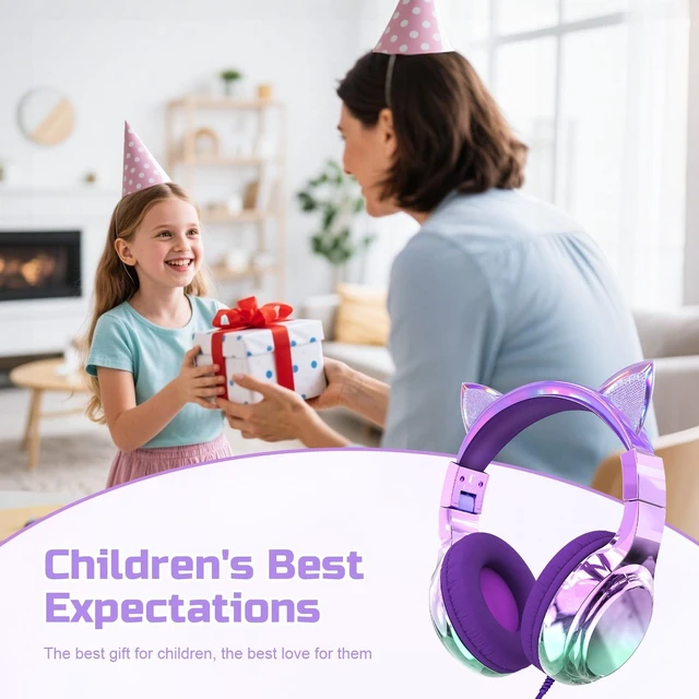 Alt view image 2 of 5 - QearFun Kids Cat Ear Headphones with Cord with Mic, 85/94dB Volume Limit