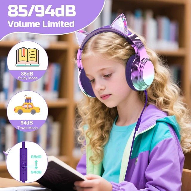 Alt view image 3 of 5 - QearFun Kids Cat Ear Headphones with Cord with Mic, 85/94dB Volume Limit