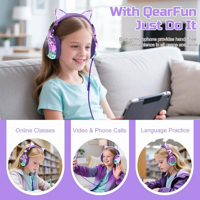 Alt view image 4 of 5 - QearFun Kids Cat Ear Headphones with Cord with Mic, 85/94dB Volume Limit