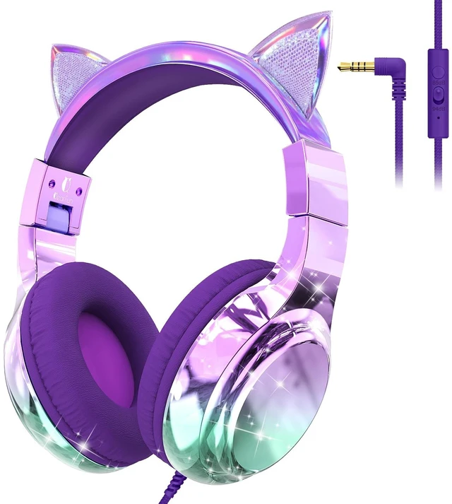 Main image of QearFun Kids Cat Ear Headphones with Cord with Mic, 85/94dB Volume Limit