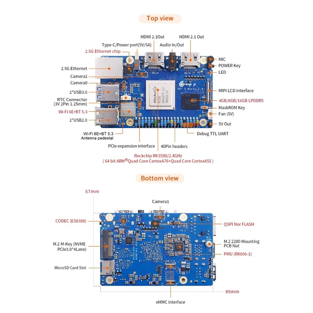 Alt view image 3 of 5 - Orange Pi 5 Max 16GB RAM LPDDR5 Rockchip RK3588 Development Board, 8K Video Decoding 2.4GHz Frequency M.2 PCIE 2.5G LAN Wi-Fi 6E+BT 5.3/BLE Single Board Computer