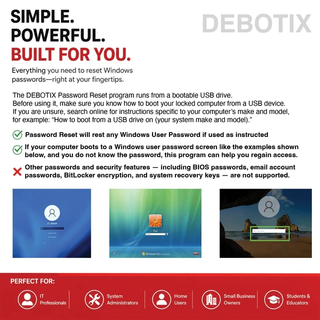Alt view image 3 of 4 - DEBOTIX Password Reset USB Tool for Windows Bootable Password Recovery Key for Local Admin & User Accounts Offline USB Password Resetter for Windows PCs & Laptops Plug & Play Recovery Solution