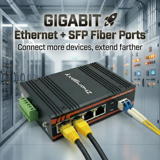 Alt view image 4 of 5 - ZHONGPXY Industrial Ethernet PoE Switch 4Gigabit RJ45 (IEEE 802.3af/at, 30W PoE) + 1Fiber ^^ 5-Port Unmanaged DIN-Rail Switch ^^ IP40 Aluminum ^^ 4857V DC ^^ -40~80