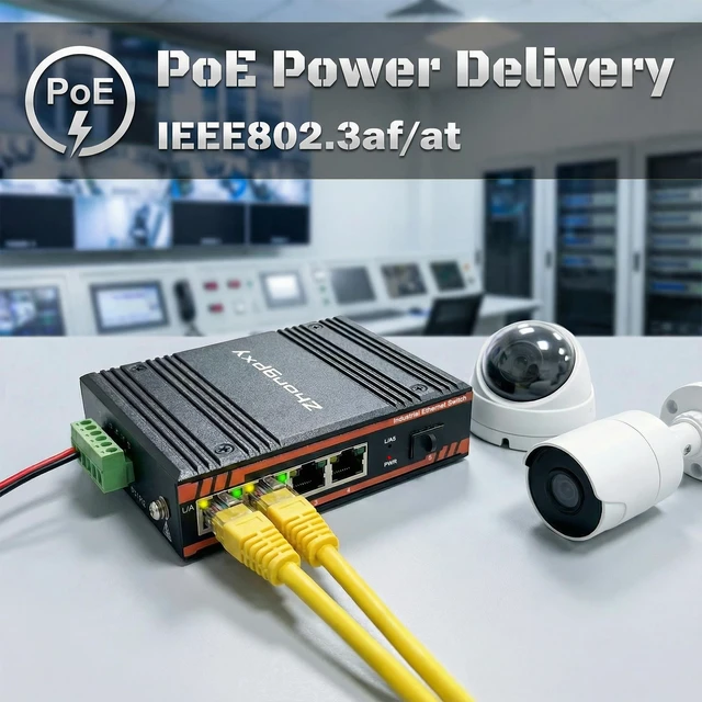 Alt view image 2 of 5 - ZHONGPXY Industrial Ethernet PoE Switch 4Gigabit RJ45 (IEEE 802.3af/at, 30W PoE) + 1Fiber ^^ 5-Port Unmanaged DIN-Rail Switch ^^ IP40 Aluminum ^^ 4857V DC ^^ -40~80