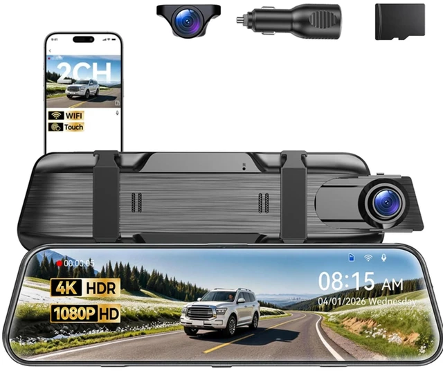 Main image of 4K Mirror Dash Cam, Rear View Mirror Camera 10'', FHD Full Touch ScreenDash Cam Front and Rear Cam with WiFi & Night Vision, Streaming Media Wide Angle Parking Assistance Free 32GB