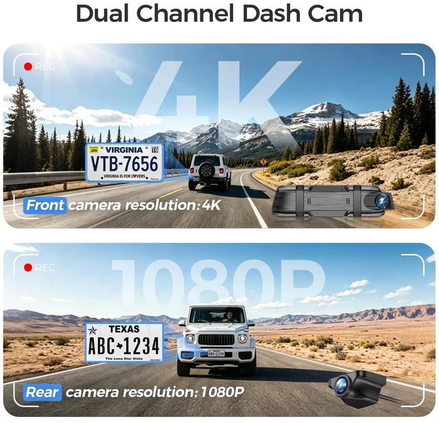 Alt view image 2 of 5 - 4K Mirror Dash Cam, Rear View Mirror Camera 10'', FHD Full Touch ScreenDash Cam Front and Rear Cam with WiFi & Night Vision, Streaming Media Wide Angle Parking Assistance Free 32GB