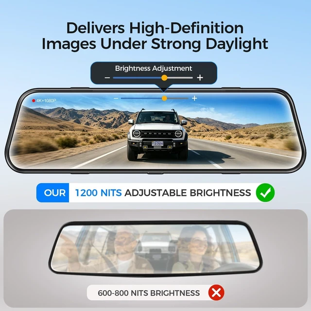 Alt view image 4 of 5 - 4K Mirror Dash Cam, Rear View Mirror Camera 10'', FHD Full Touch ScreenDash Cam Front and Rear Cam with WiFi & Night Vision, Streaming Media Wide Angle Parking Assistance Free 32GB