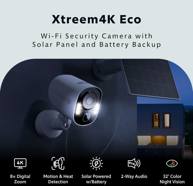 Alt view image 2 of 5 - Swann Xtreem4K Eco Security Camera with Solar Panel: 4K UHD Video, AI Motion Detection w/Thermal Sensing, Solar Charging, Color Night Vision, Two-Way Audio, IP65 Weatherproof, 32GB MicroSD Included.