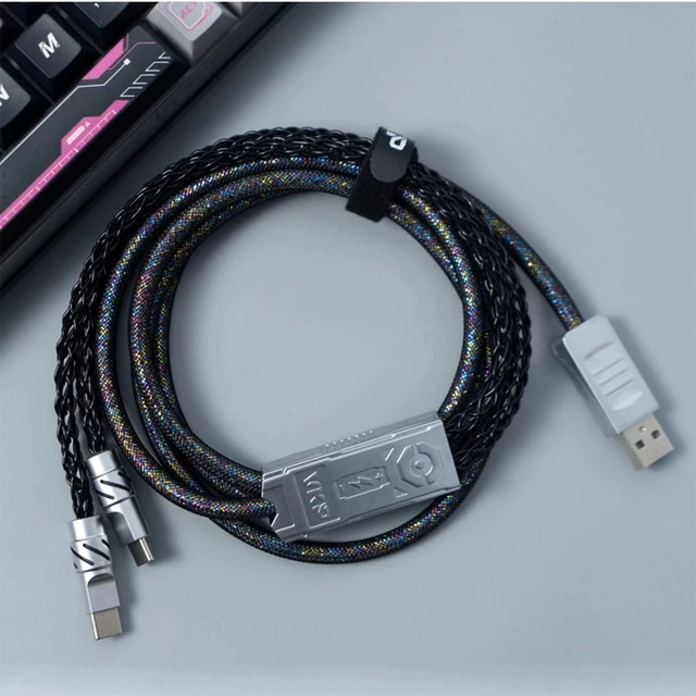 Main image of 2-IN-1 USB C Dual 8K Mechanical Keyboard Magnetic Axis Cable , Thick Braided RGB Flash Cable, Stable Without Interruption, Metal Aviation Plug for Mechanical Keyboards/Mice/Hubs, 1.5Meter (Black)