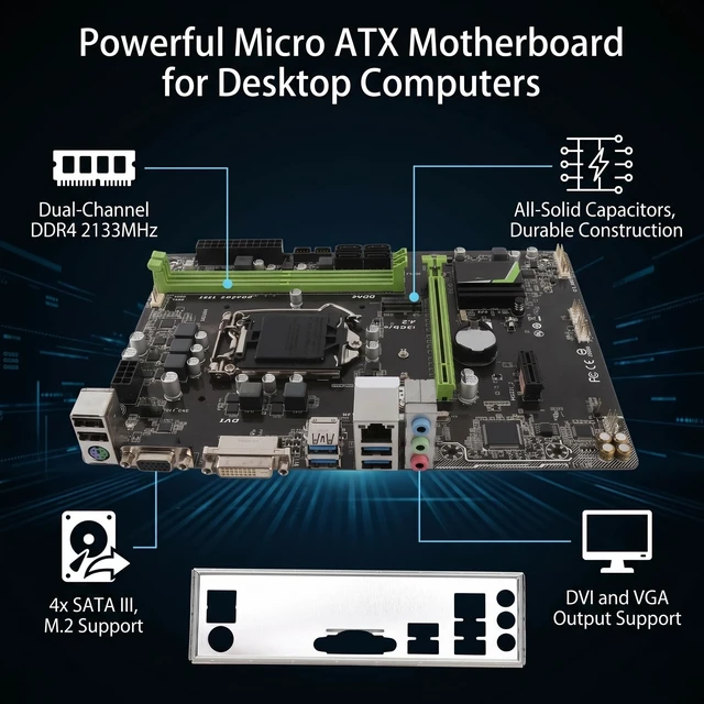 Alt view image 3 of 5 - Pomya Micro ATX Motherboard for LGA 1151, B150 Chipset, DDR4 2133MHz, 32GB, Dual Channel, PCIe X16, DVIVGA, USB 3.0, for Core I7/i5/i3 6th/7th Gen