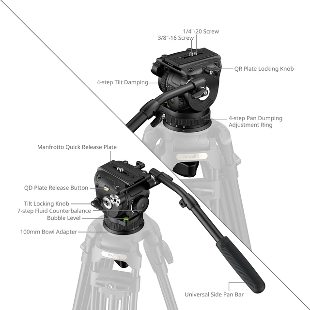 Alt view image 2 of 5 - SMALLRIG Heavy Duty Video Tripod Head with 4-Step Pan/Tilt Damping