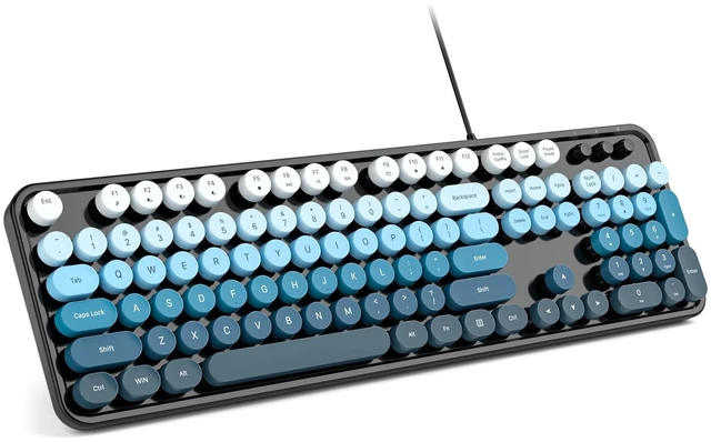 Main image of MOWUX Computer Keyboard Wired, Plug and Play USB Retro Round Typewriter Keyboard, Full Size Wired Keyboard with Foldable Stands for Laptop and Office PC- Black Blue Gradient