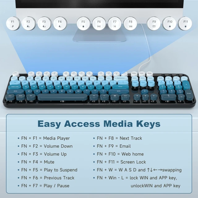 Alt view image 5 of 5 - MOWUX Computer Keyboard Wired, Plug and Play USB Retro Round Typewriter Keyboard, Full Size Wired Keyboard with Foldable Stands for Laptop and Office PC- Black Blue Gradient