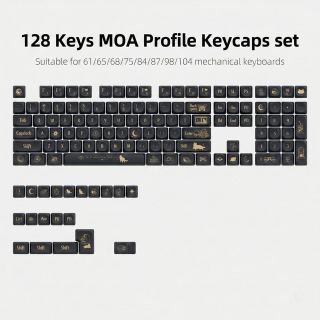 Alt view image 3 of 5 - Thyrnovyn 128 Keys Black Gold MOA Profile Keycaps Set, PBT Dye Sublimation Keycaps for Mechanical Keyboard, Vintage Gothic Style Keycap Set for MX Switches, Fits 61/68/75/84/87/96/98/104/108 Layouts